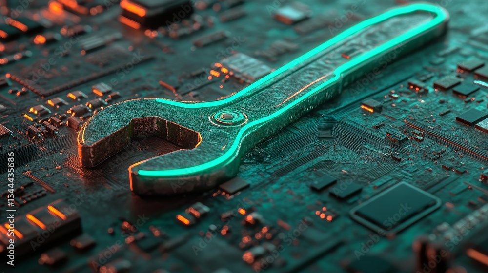 Poster the image features a green neon light tool icon and a vibrant colored configure technology symbol on