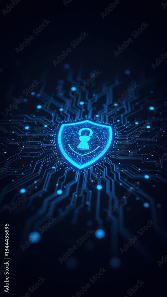 Poster this is an image of a digital shield with cyber security elements and blue lights on a dark backgrou