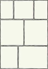 Hand-drawn comic panel grid with seven isolated rectangular frames, irregular black borders on aged cream background. Simple minimalist design, organized layout for sequential storytelling.

