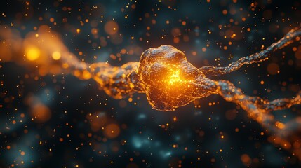 Glowing DNA molecule with fiery orange core in cosmic space. Intricate double helix structure with radiant light effects. Scientific illustration of genetic code in dark background