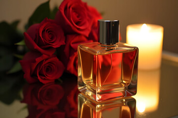 A glass bottle of perfume sits elegantly beside red roses and a glowing candle, creating a romantic and luxurious atmosphere