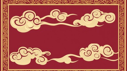 Elegant Asian Cloud Design: Red and Gold Swirling Clouds in a Decorative Frame