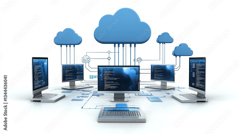 Poster a cloud computing technology concept illustrates the delivery of computing services over the interne