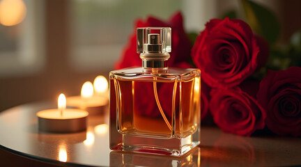 an elegant perfume bottle sits on a reflective surface next to red roses and flickering candles, creating a romantic and luxurious atmosphere
