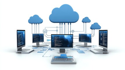 A cloud computing technology concept illustrates the delivery of computing services over the internet