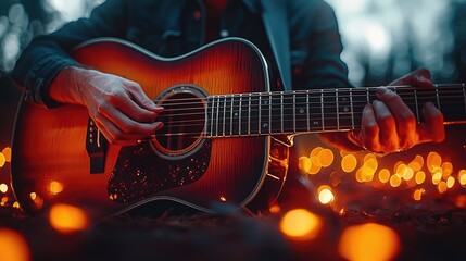 Obraz premium Guitarist playing acoustic guitar in a forest at dusk with glowing lights
