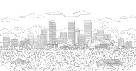 Naklejka premium Denver City Skyline Illustration - A detailed line drawing of the Denver skyline, featuring mountains and greenery. Perfect for coloring books or city guides