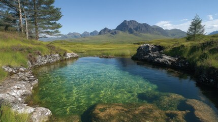 Crystal-clear pool in Scottish highlands, surrounded by rocks, heather, and majestic mountains under a sunny sky.