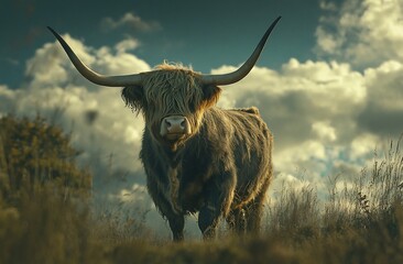 Highland cow stares intensely from a grassy hilltop against a dramatic sky.