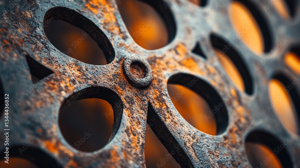 Poster close-up of a rusty metal grate with floral pattern, showing texture and detail.
