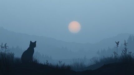 An abstract digital landscape with a minimalist cat silhouette at dawn in nature serene environment soft viewpoint