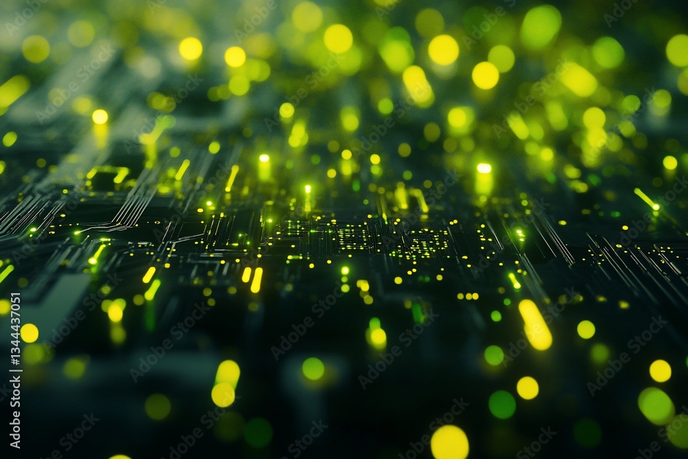 Leinwandbilder abstract digital circuit board with glowing green nodes and pathways.