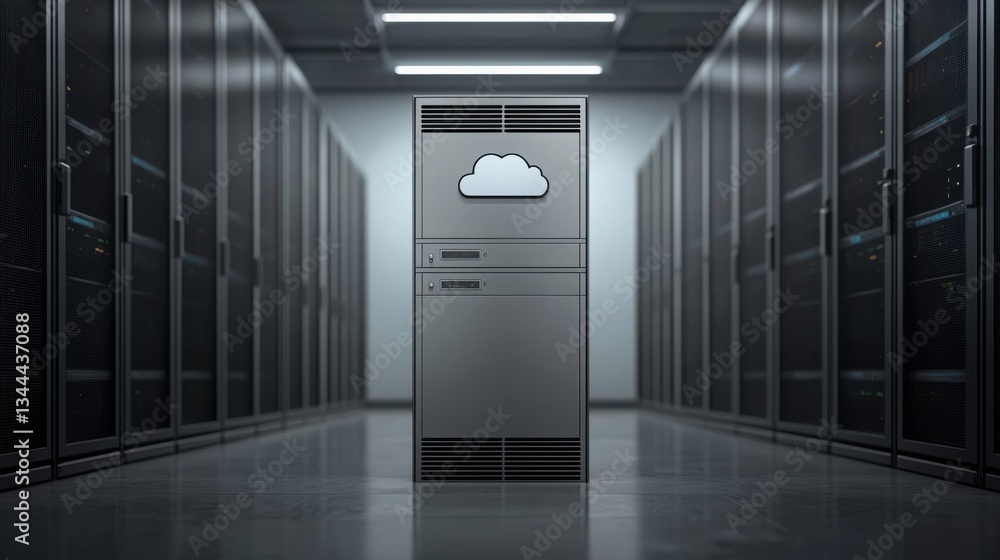 Poster server room with cloud symbol on door highlighting 5g-powered cloud computing and advanced data mana