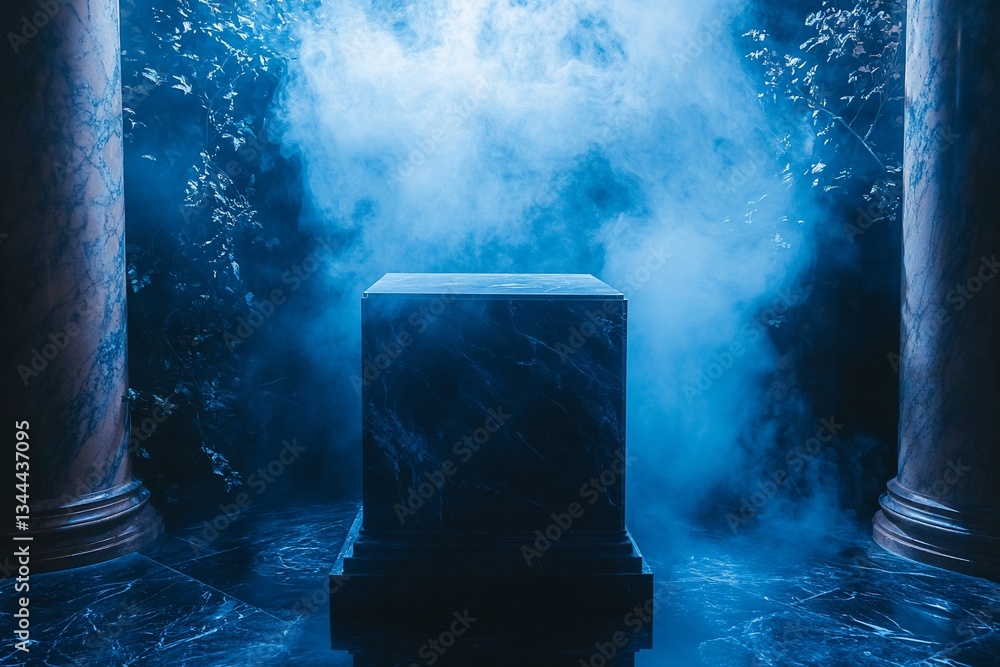 Poster dark blue marble cube pedestal in a smoky, mysterious setting between columns.