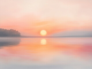 Obraz premium A soft, pastel-colored drawing of a gentle sunrise over a calm lake, delicate pinks and oranges reflecting off the water.