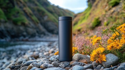 Black vacuum insulated bottle on rocky beach with wildflowers.