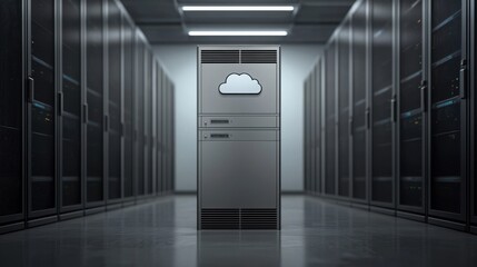 Server room with cloud symbol on door highlighting 5g-powered cloud computing and advanced data management solutions