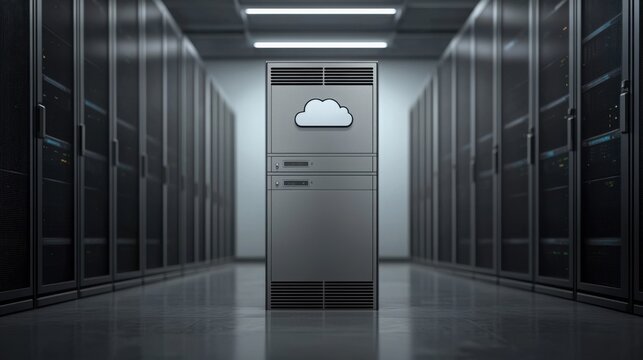 Server room with cloud symbol on door highlighting 5g-powered cloud computing and advanced data management solutions - Powered by Adobe