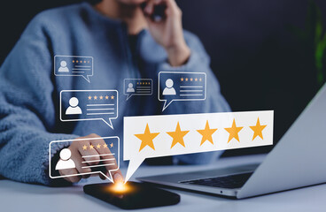 Five star customer rating and review concept. Woman give five-star review on smartphone, with digital review icons, symbolizing customer feedback, online ratings, and user experience evaluation.