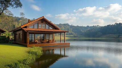 Obraz premium An eco-friendly bungalow perched by a serene lake offers panoramic views.