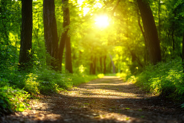 Fototapeta premium Sunlit Forest with Green Foliage – Serene Nature Background, AI GENERATIVE 