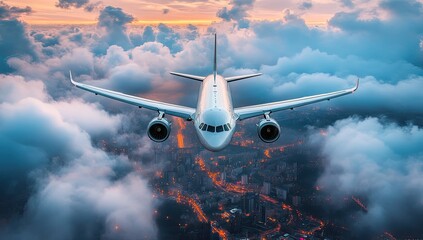 Jet plane over city at sunset