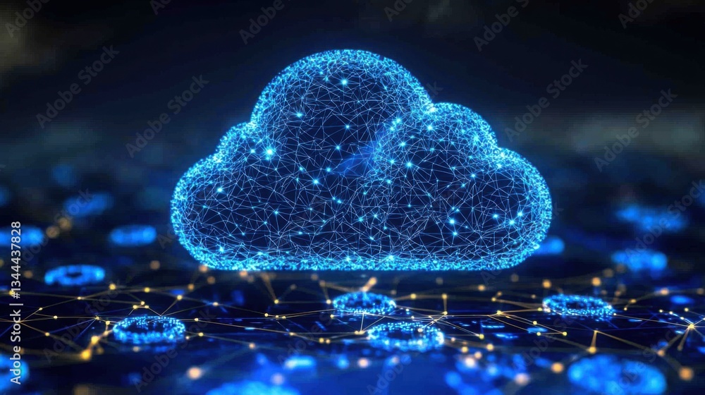 Poster cloud featuring a web of connected lines depicting 5g cloud infrastructure and data networking conce