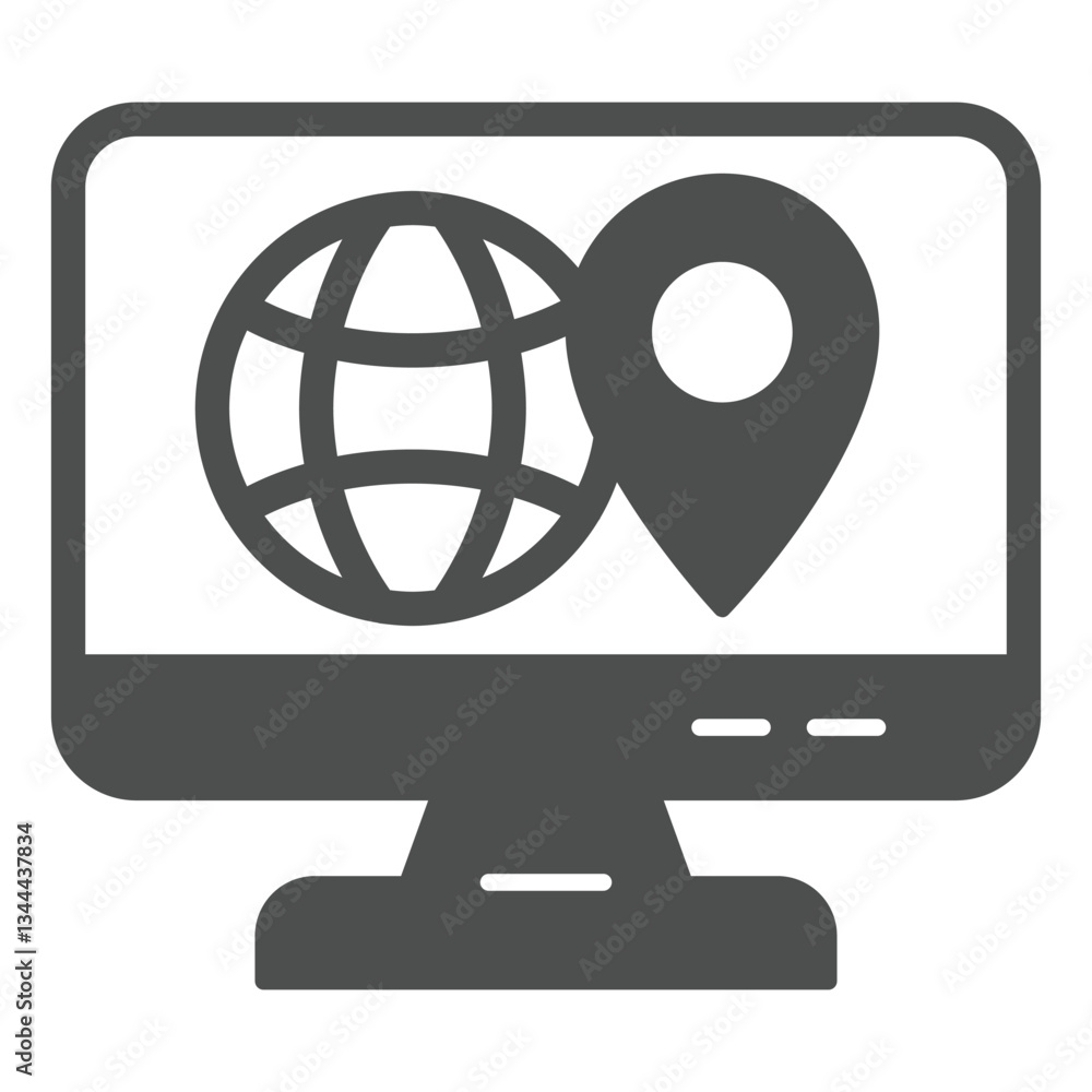 Poster monitor screen with globe and location pin solid icon, world delivery concept. vector graphics. disp