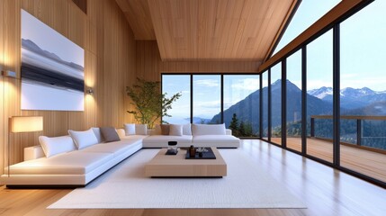Fototapeta premium Modern Japanese minimalist attic loft living room, warm wooden walls, low white modular sofa, soft rice paper lighting, panoramic mountain view