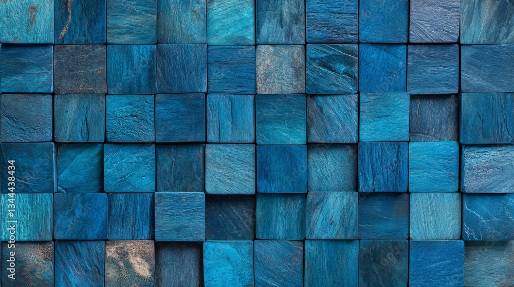 Poster a 3d render showcases blue patina, where 3d mosaic tiles are arranged in a wall-like pattern, and gl