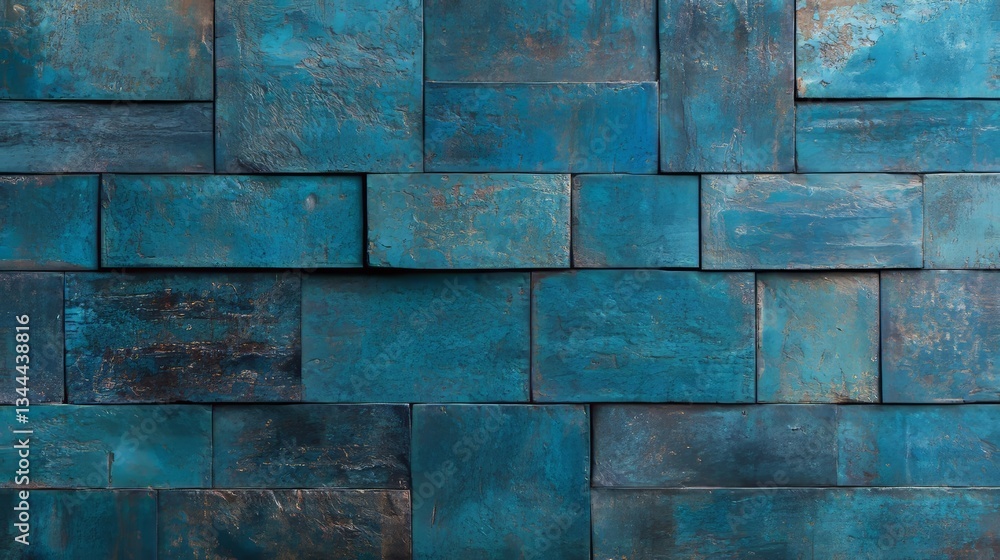 Poster the background of stacked 3d blue patina blocks in a rectangular formation is complemented by glazed