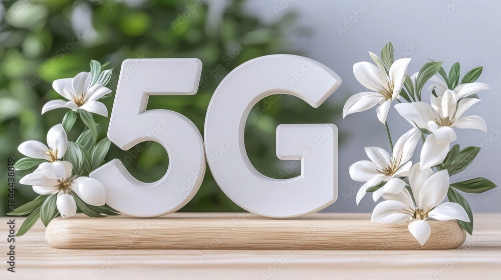 Poster elegant white flower accompanied by a white number symbolizing 5g network redundancy automation and 