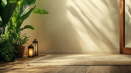 Sunlit Room with Plants and Lanterns.