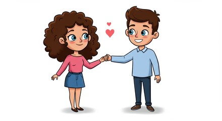 Cartoon Couple Holding Hands with Hearts on White Background Illustration
