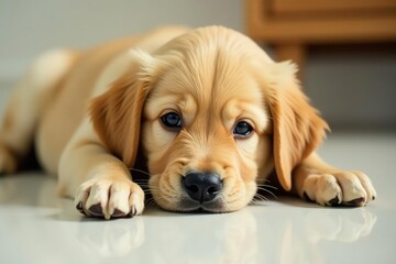Golden Retriever puppy lying down, looking playful, pet, paws, retriever
