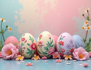 Fototapeta premium Vibrant Easter eggs adorned with intricate floral designs, surrounded by spring flowers. A delightful celebration of the festive season and nature's beauty.
