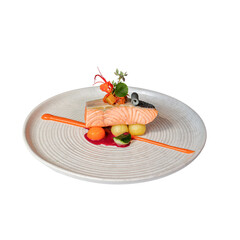 Gourmet salmon dish fine dining restaurant culinary art elegant setting close-up modern cuisine