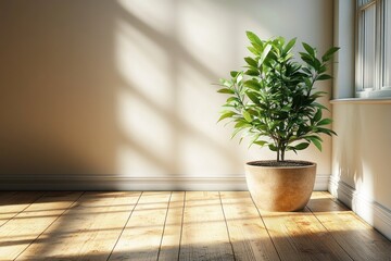 Sunny corner room with plant, sunlight shadows