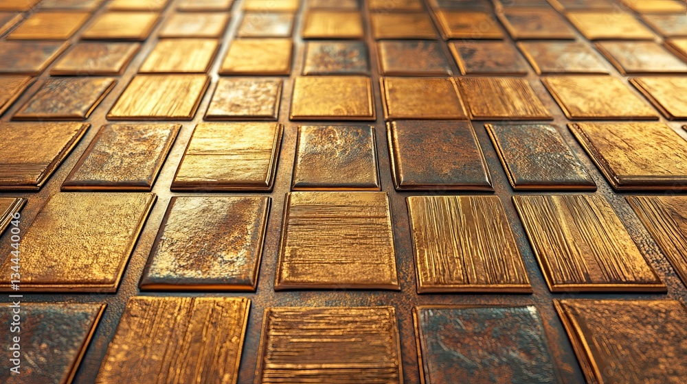 Poster the image features a wall made up of glossy, gold mosaic tiles, accompanied by a 3d, luxurious, bull