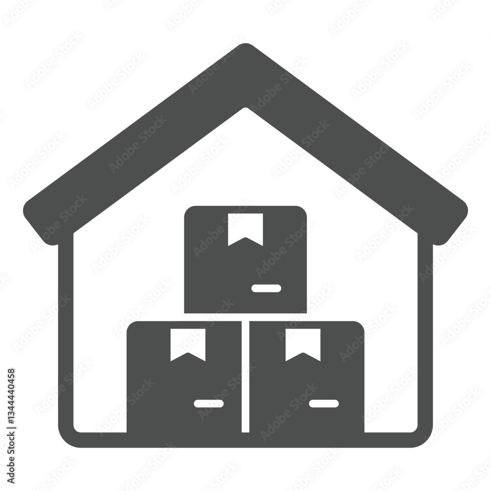 Poster warehouse with boxes solid icon, delivery concept. vector graphics. storage building and product box