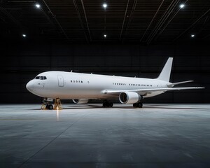 Private jet in a brightly lit hangar, undergoing maintenance with mechanics inspecting the undercarriage and tail section