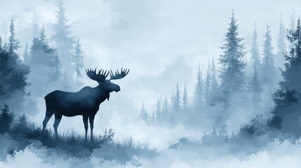 Moody abstract landscape with silhouetted moose in bluegray minimalist forest setting