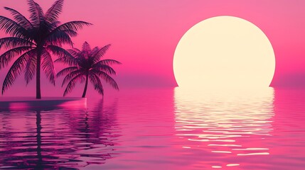 Naklejka premium Sunset view over ocean, with palm trees, pink skies, serene, tourism and relaxing