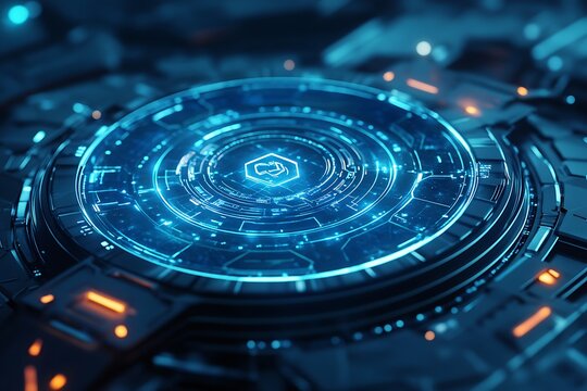 Futuristic medical technology interface, holographic medical icons, hexagonal design elements, blue digital background, glowing circular platform, 3D grid structure, sci-fi healthcare concept, high-te - Powered by Adobe