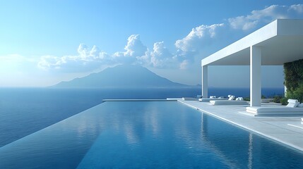 Fototapeta premium Luxurious infinity pool overlooking ocean and mountain landscape with modern white architecture terrace, featuring clean minimalist design and seamless horizon views.
