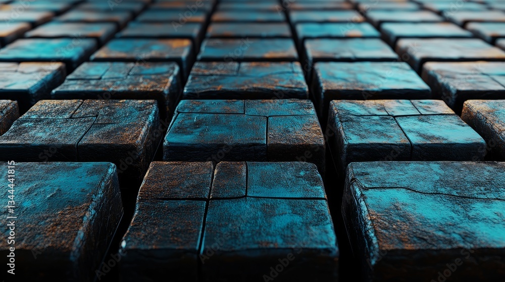 Poster the 3d render depicts blue, glossy cubes that are neatly constructed to create a modern tech backgro