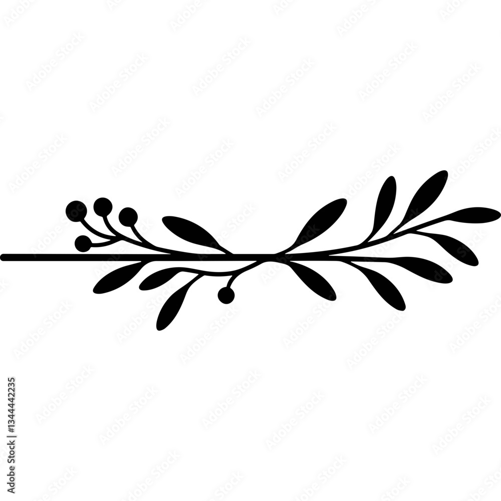 Poster branch with leaves and berries silhouette illustration. decorative branch silhouette with leaves and