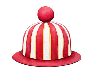 Striped red and white clown hat with pom pom on top isolated on transparent background