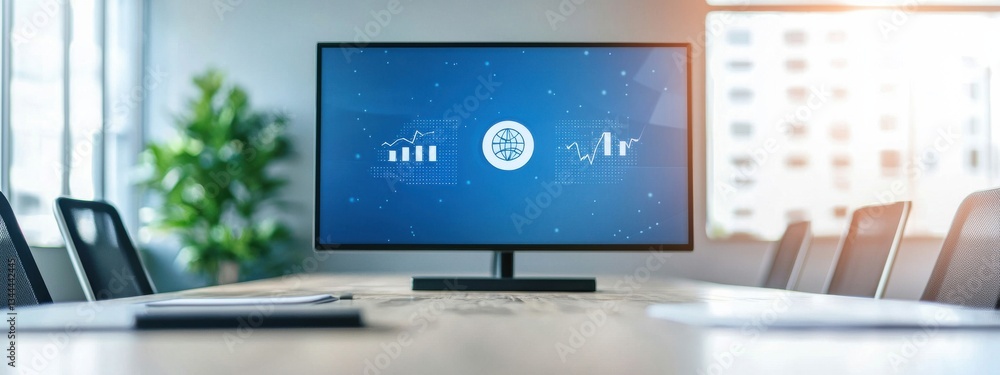 Poster modern office screen displaying data and global connectivity concepts