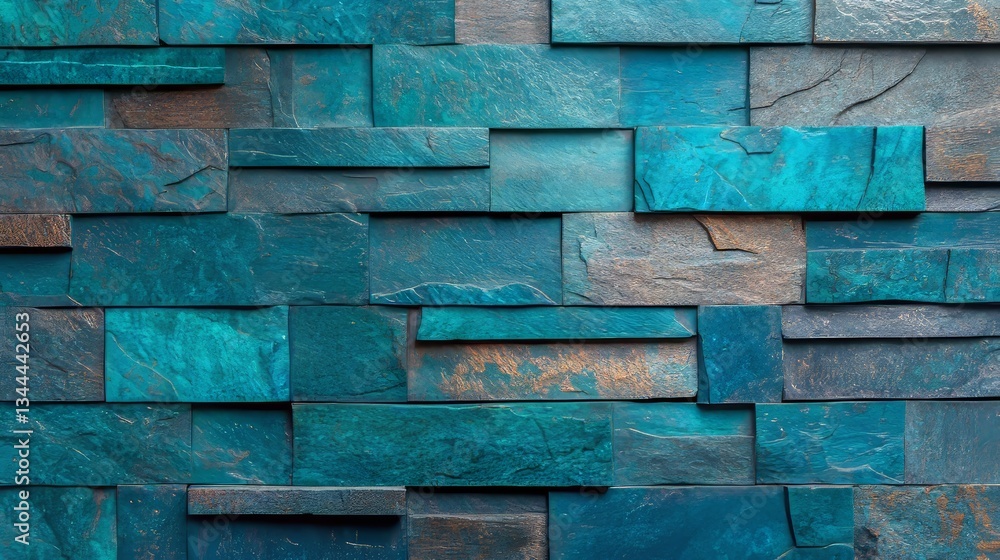 Poster the arrangement features rectangular blue patina mosaic tiles in the shape of a wall, with stacked g